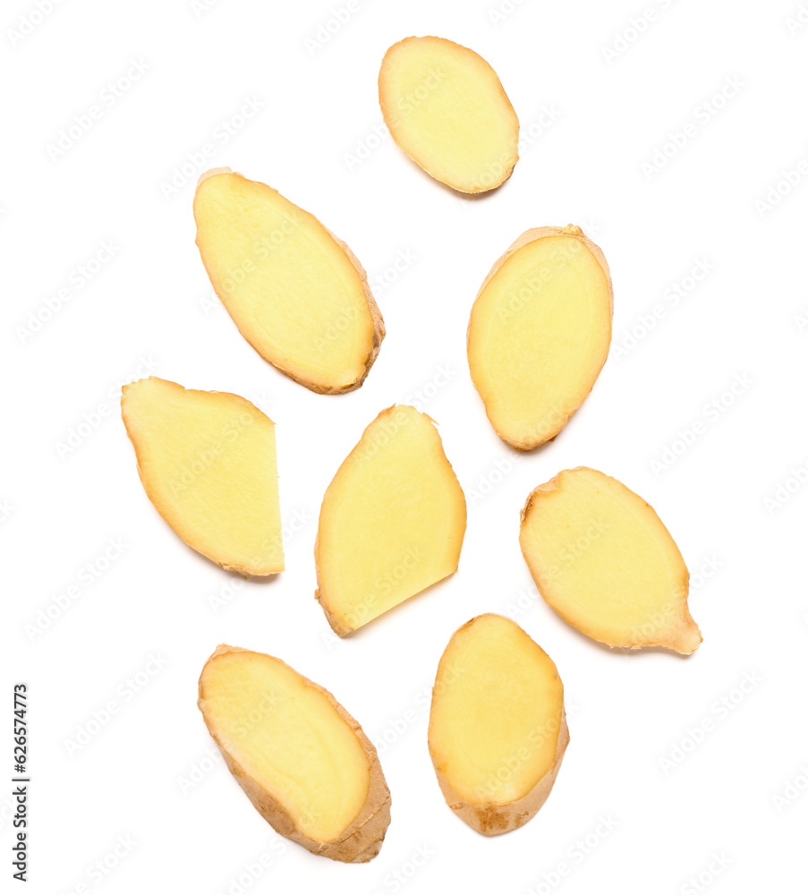 Slices of fresh ginger root on white background