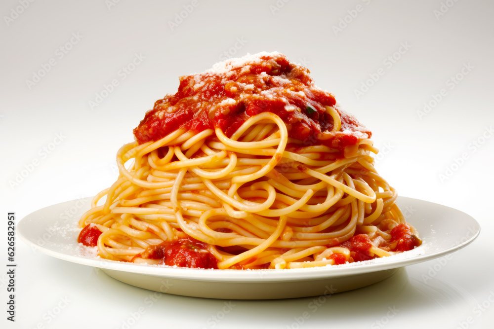 Plate of spaghetti with sauce on white plate on white table.