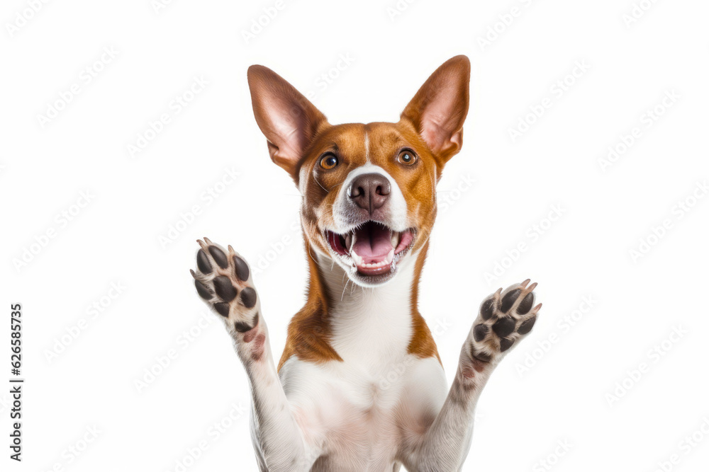 Brown and white dog standing on its hind legs with its mouth open.