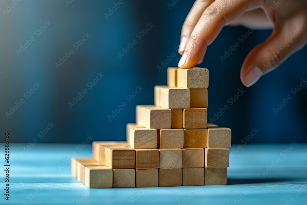 Person placing piece of wood on top of wooden block pyramid.