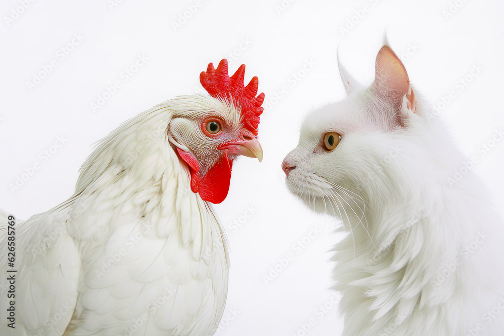 Close up of cat and chicken on white background with red comb.