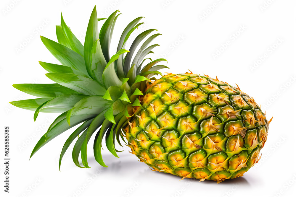 Close up of pineapple on white background with green leaves.