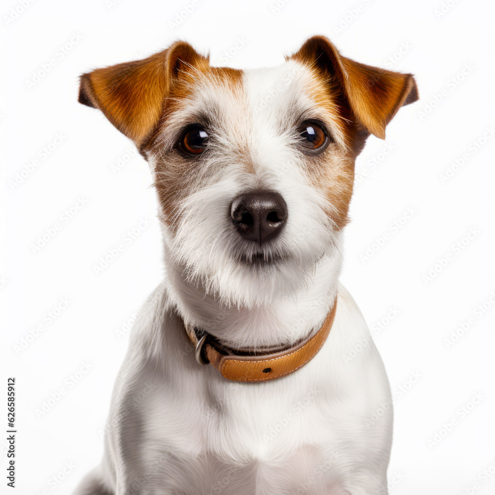 Small white and brown dog with brown collar looking at the camera.