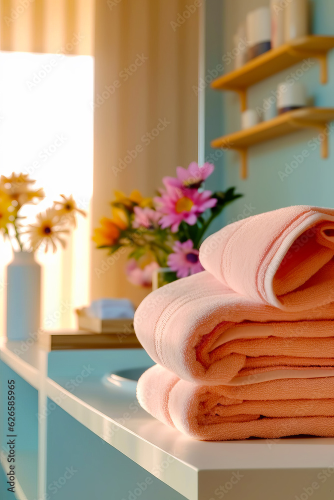 Stack of folded towels sitting on top of bathroom counter next to vase of flowers.