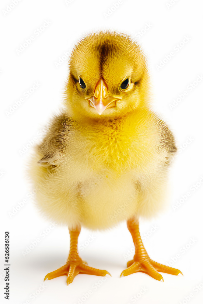 Small yellow duck standing up against white background with its head turned to the side.