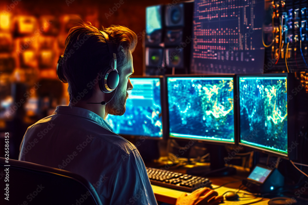 Man wearing headphones sitting in front of computer screen with multiple monitors.