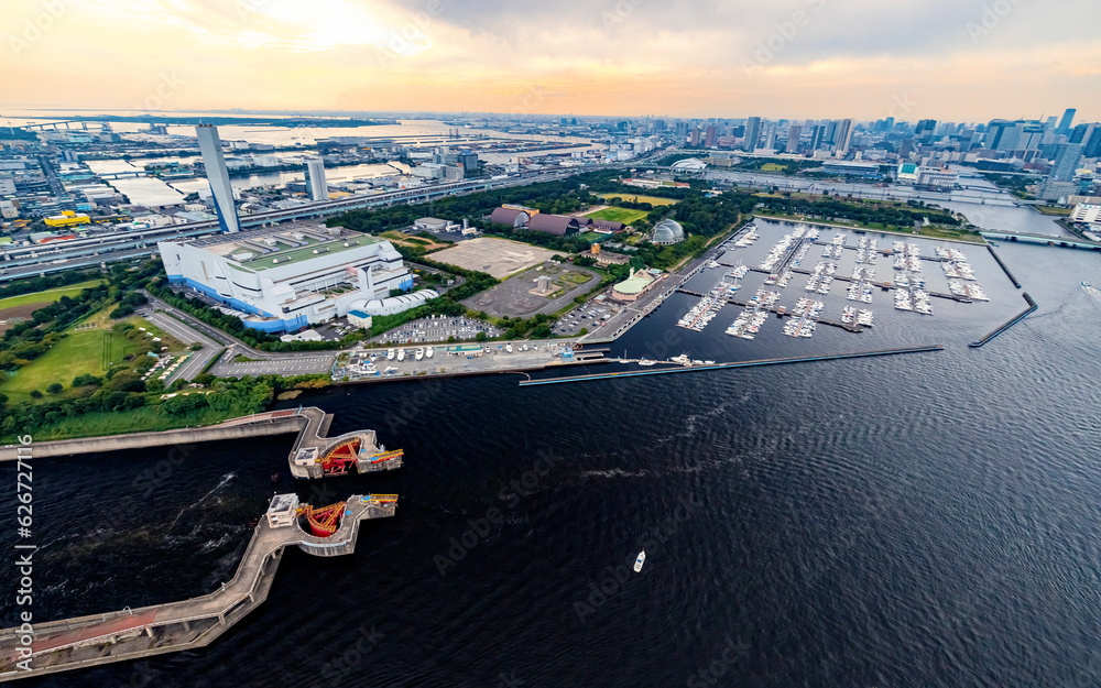 Aerial view of Odaiba Harbor in Minato City, Tokyo, Japan