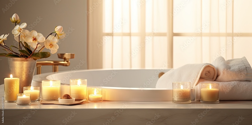 Elegant white bathroom interior with modern vessel sink, rose and candles. Romantic zen Atmosphere, 