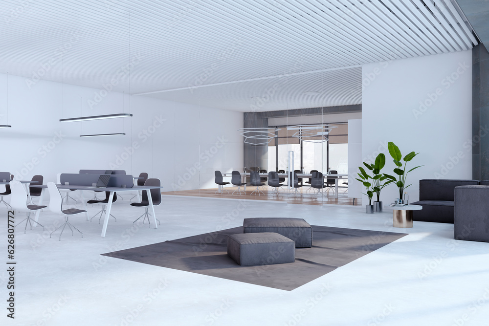 Contemporary open space designer office interior with furniture, panoramic windows with city view, c