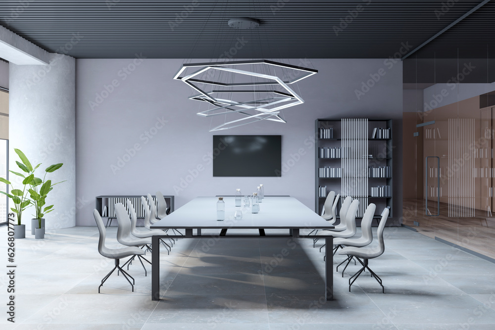 Modern loft meeting room interior with furniture, equipment, various other objects and daylight. 3D 