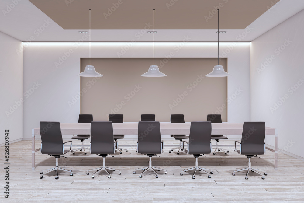 Front view of modern empty boardroom interior with office desk and chairs, white walls and wooden fl