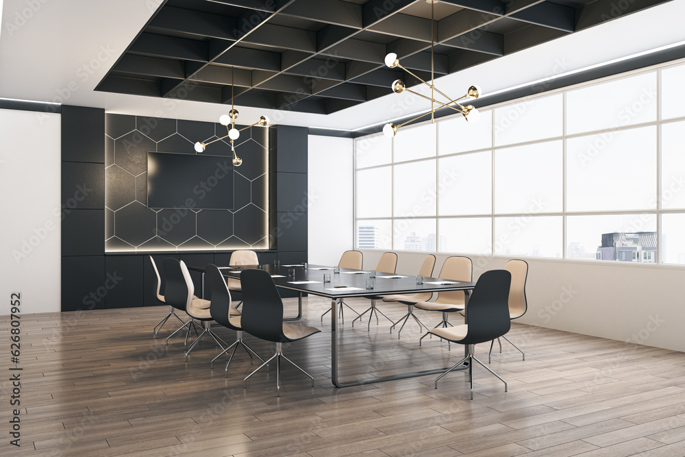 Perspective view of modern conference room with wooden floor and window with city view on background