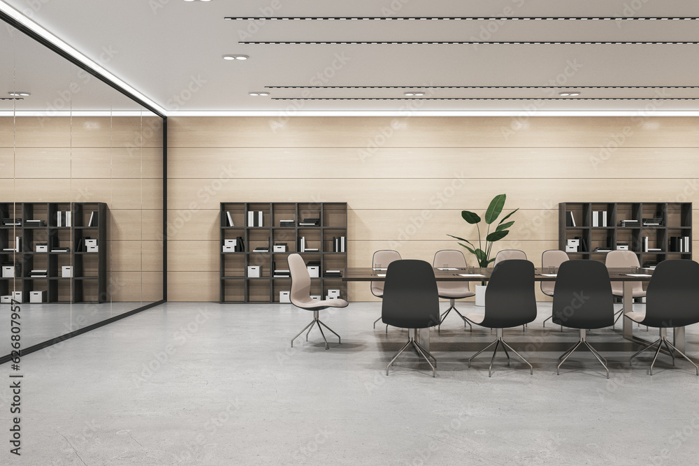 Front view of modern negotiant office room with big wooden desk and chairs, mirror wall and concrete