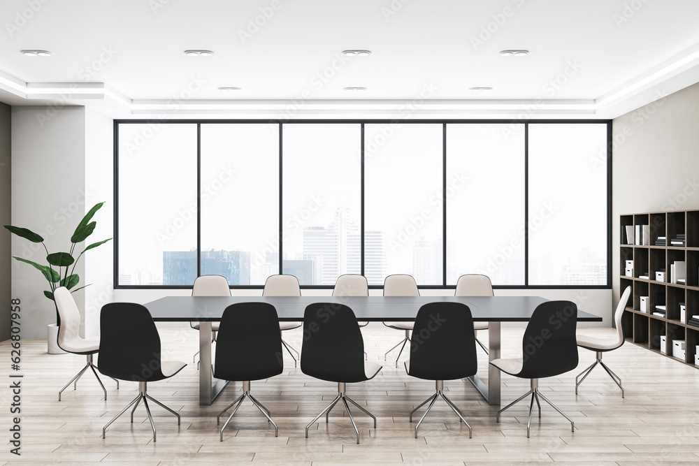 Front view of light modern meeting room with panoramic city view window on background, wooden floor 