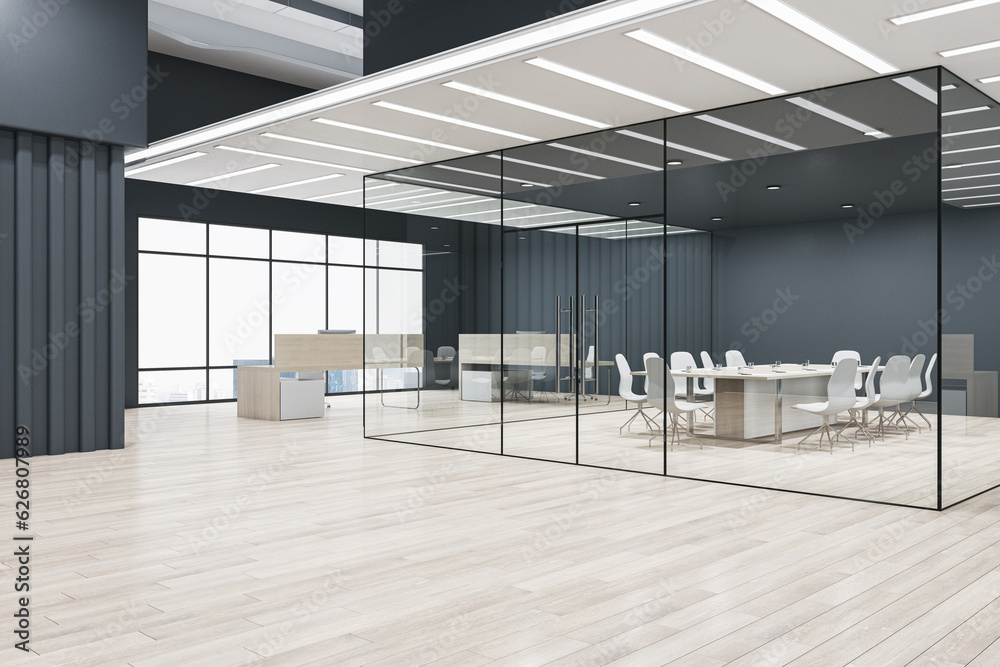 Perspective view of modern empty office hallway with futuristic design meeting room surrounded by gl