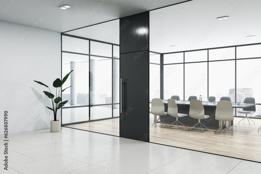 Perspective view of modern office hallway with meeting room with glass wall, panoramic window, woode