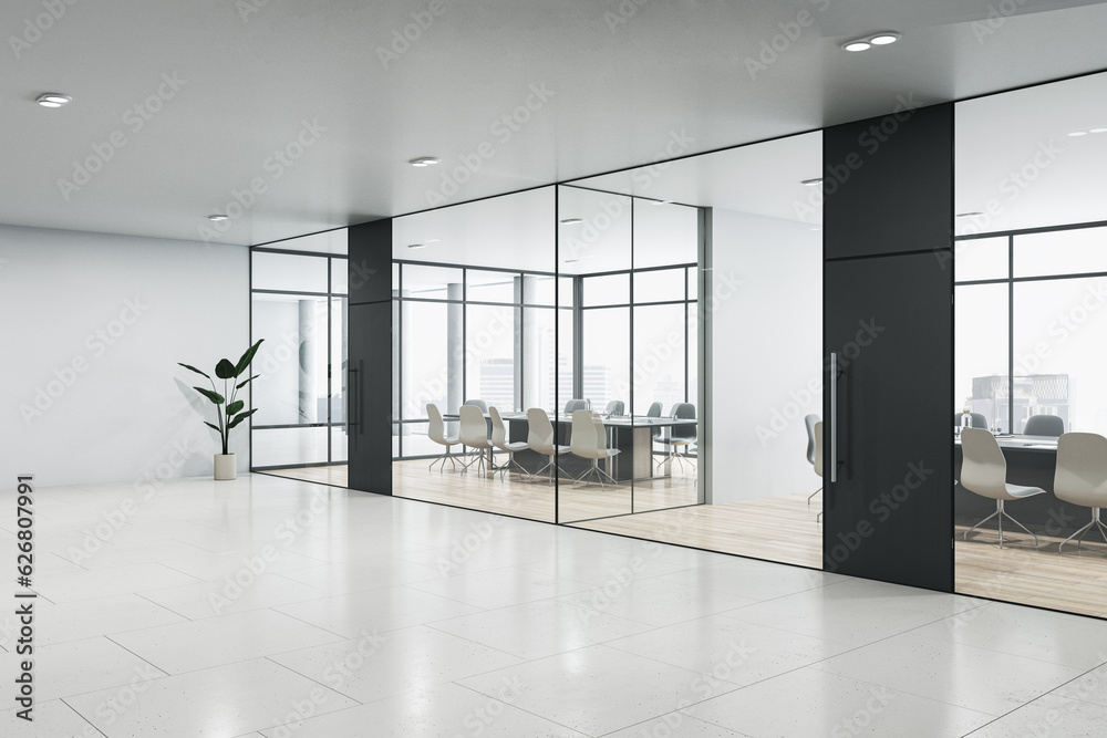 Perspective view of modern office hallway with several meeting rooms with glass wall, panoramic wind