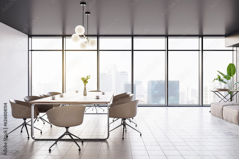 Side view of modern luxury meeting room interior with office desk and chairs, panoramic window, grey