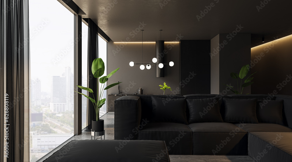 Clean dark living room with window and city view, furniture. Interior design concept. 3D Rendering.