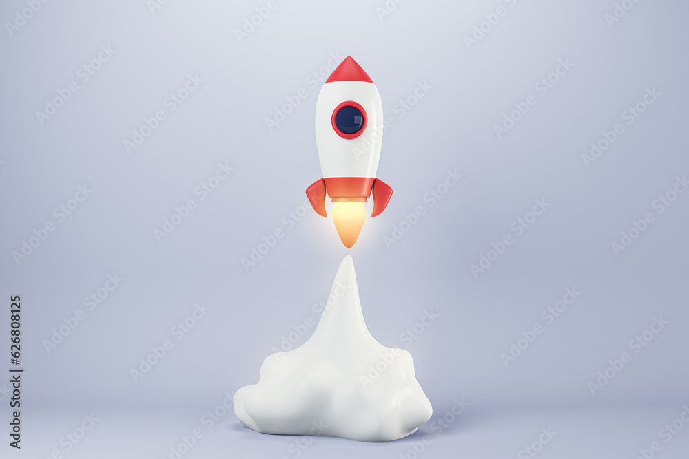 Startup and promotion concept with launched rocket on light background. 3D Rendering