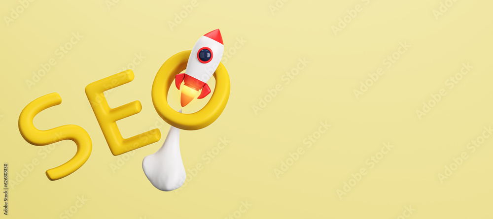 Creative yellow background with flying rocket, word and mockup place. SEO, startup and web developme