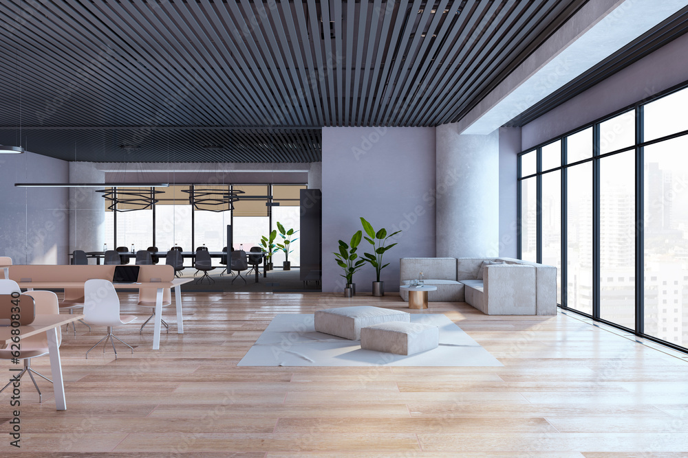 Modern open space designer office interior with furniture, panoramic windows with city view, wooden 