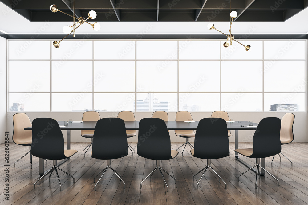 Front view of modern conference room with wooden floor and window with city view on background. 3D R