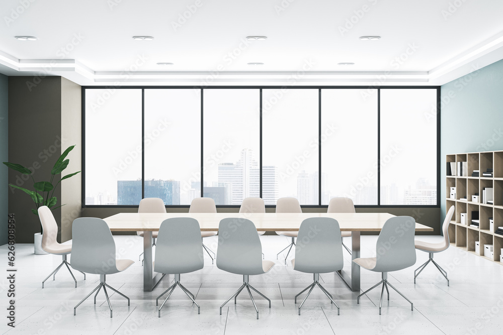 Front view of light modern meeting room with panoramic city view window on background, grey floor an