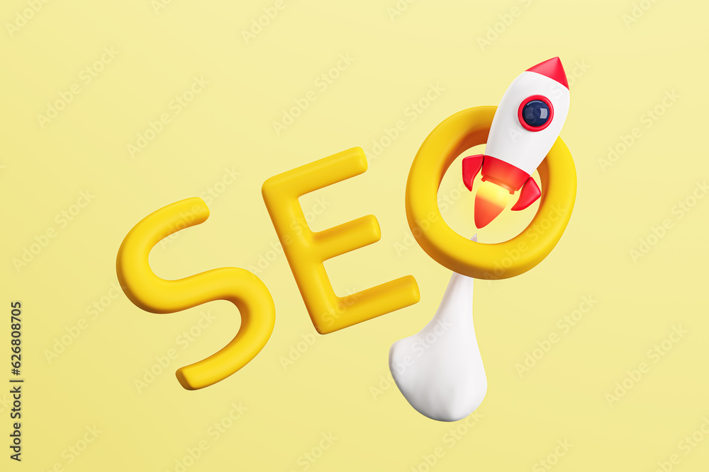 Creative yellow background with flying rocket and word. SEO, startup and web development concept. 3D