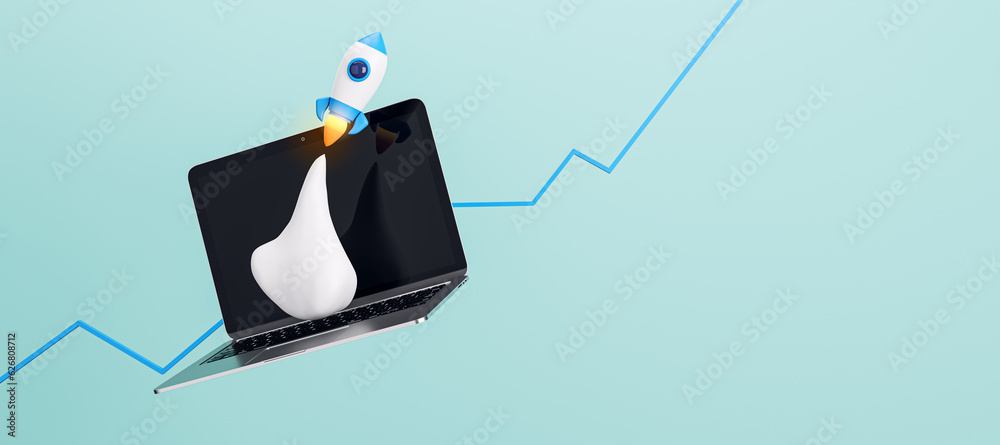 Creative blue backdrop with flying rocket, mock up place and laptop. SEO, startup and web developmen