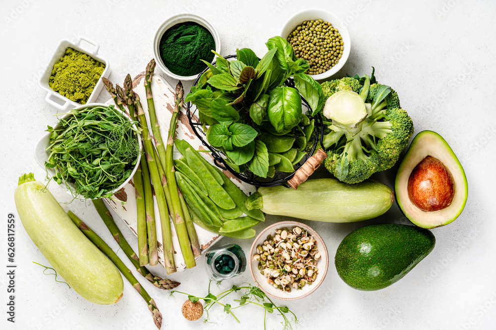 Vegetarian healthy green food on white background. Products for vegans and vegetarians with protein.