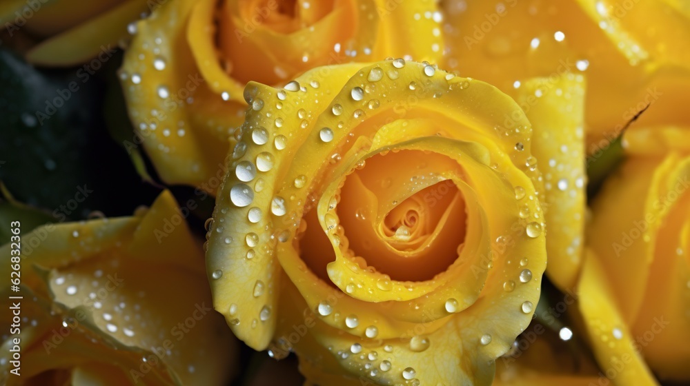 Yellow Roses flowers with water drops background. Closeup of blossom with glistening droplets. Gener