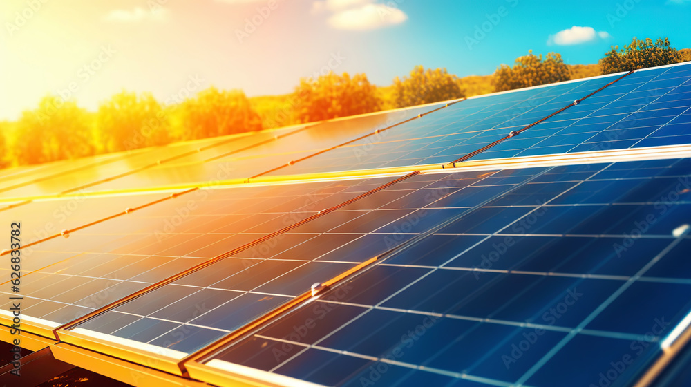 Closeup of Solar panels against blue sky with clouds. Solar energy generation. Renewable energetics.