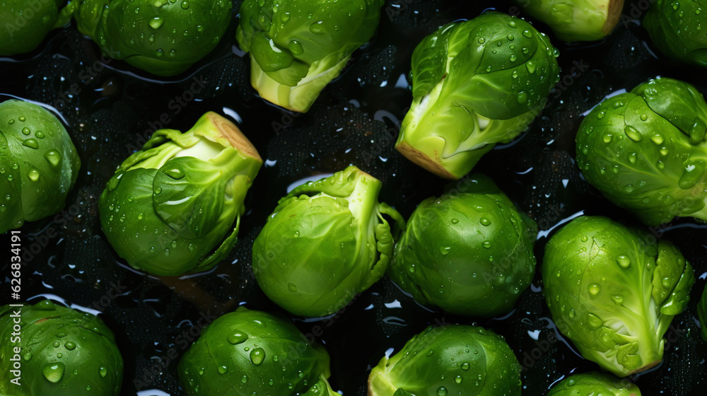 Fresh green brussels sprouts with water drops background. Vegetables backdrop. Generative AI