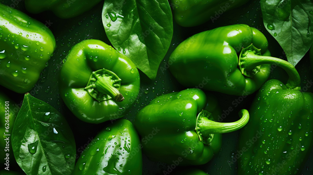 Fresh green bell peppers with water drops background. Vegetables backdrop. Generative AI