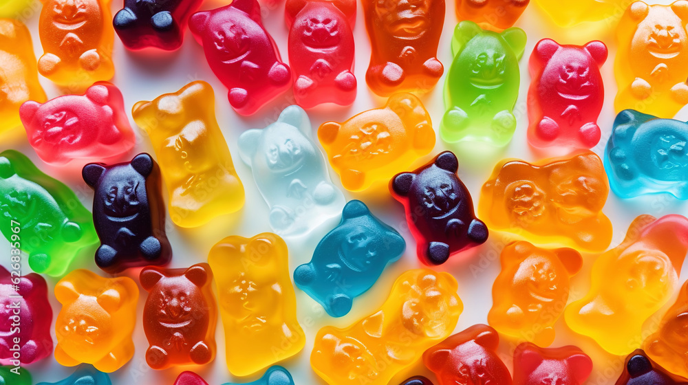 Gummy Jelly Bears Candies background. Sweet tasty backdrop. Generative AI