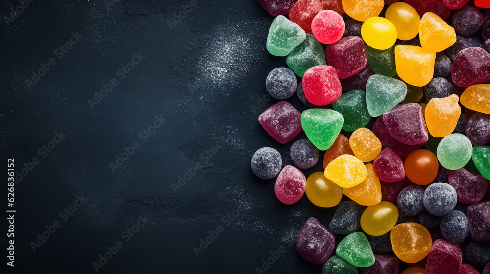 Top view on delicious multicolored candies on black rustic background. Generative AI