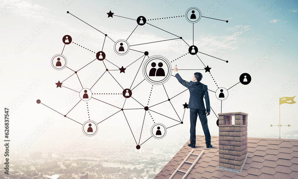 Businessman on house roof presenting networking and connection c