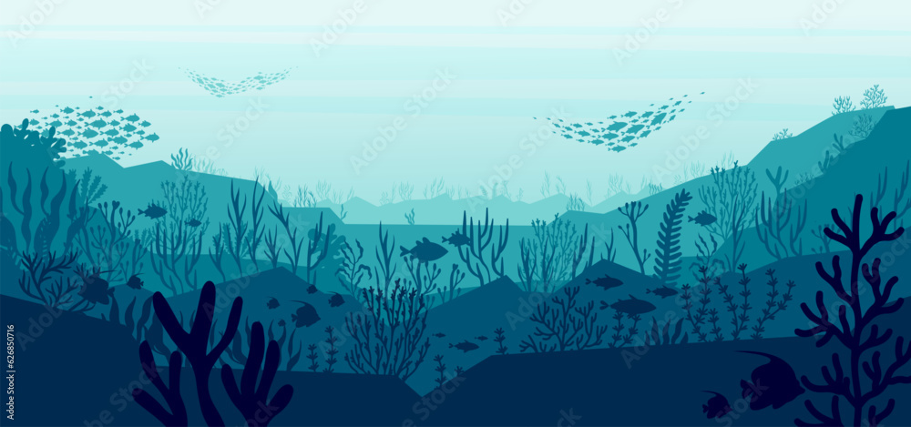 Underwater silhouette landscape. Exotic marine underwater scene with coral reef and fish. Vector bac