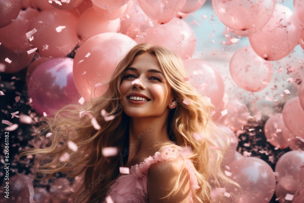 Girl in pink dress with pink balloons