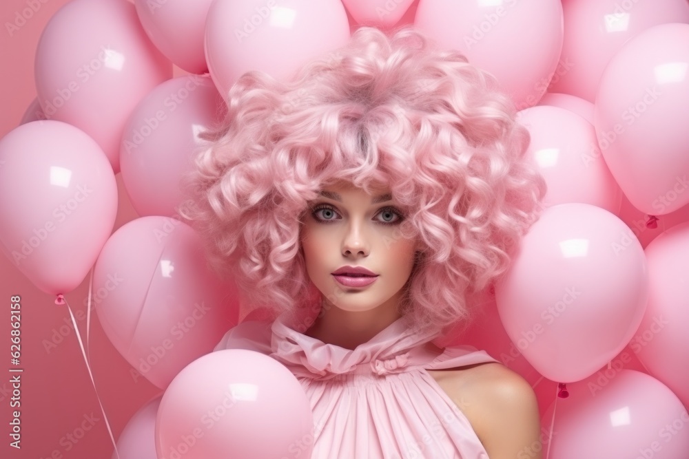 Girl in pink dress with pink balloons