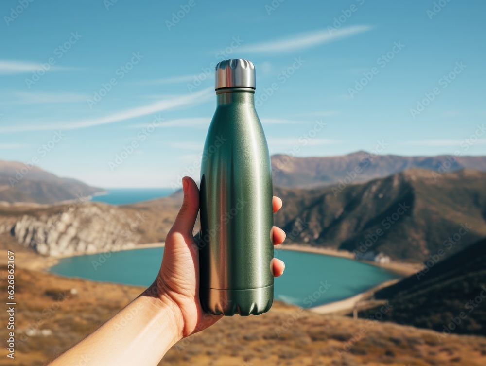 Aluminum bottle holding up against a lake