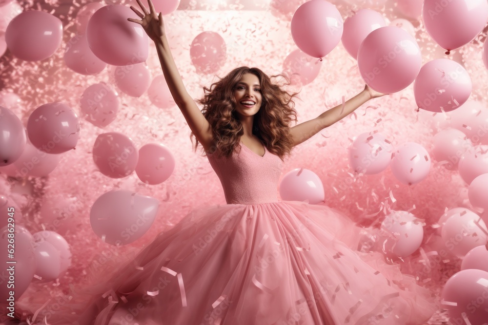 Girl in pink dress with pink balloons