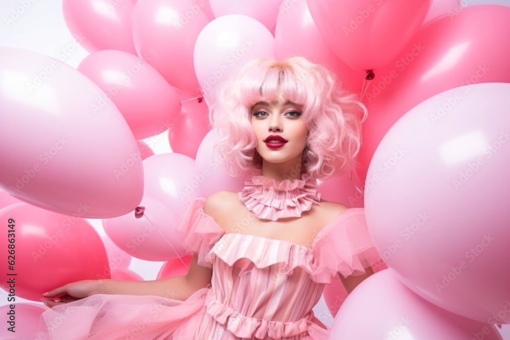 Girl in pink dress with pink balloons