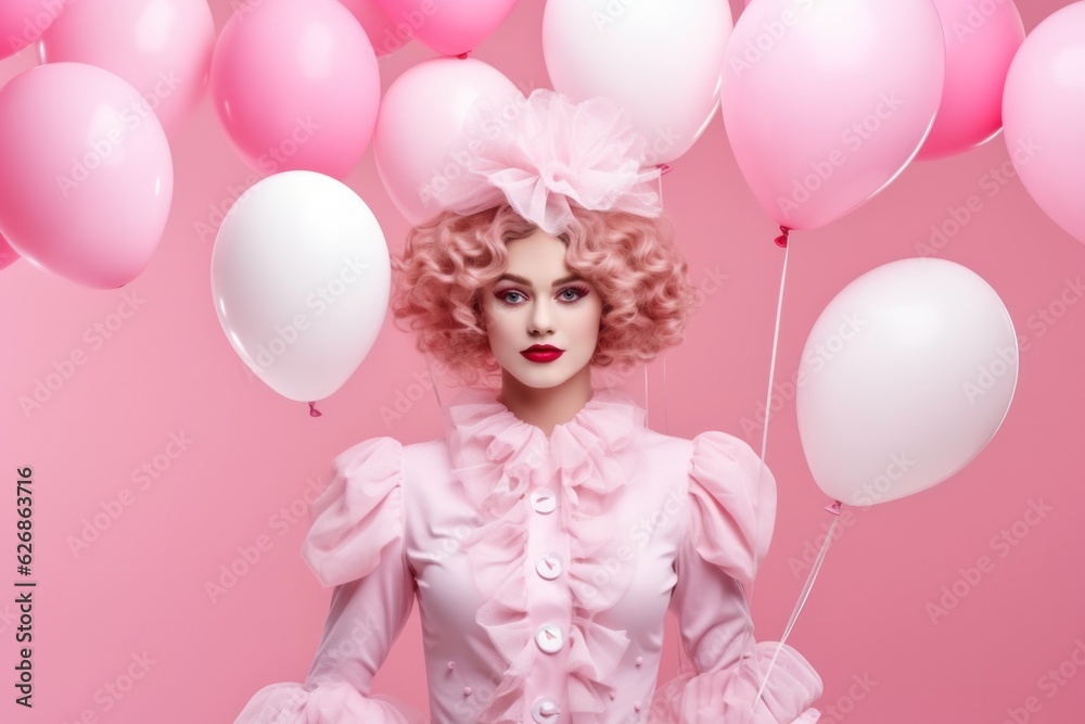 Girl in pink dress with pink balloons