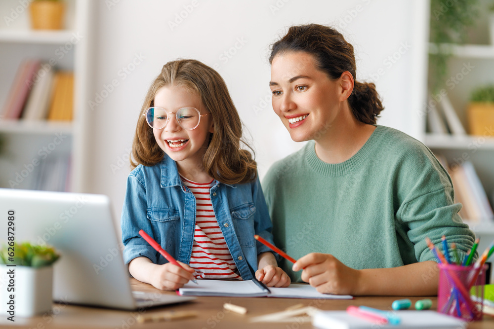 Girl doing homework or online education.