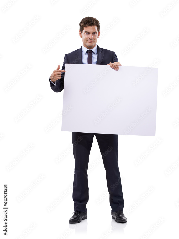 Getting your attention with a large sign. A handsome young businessman holding a large placard.