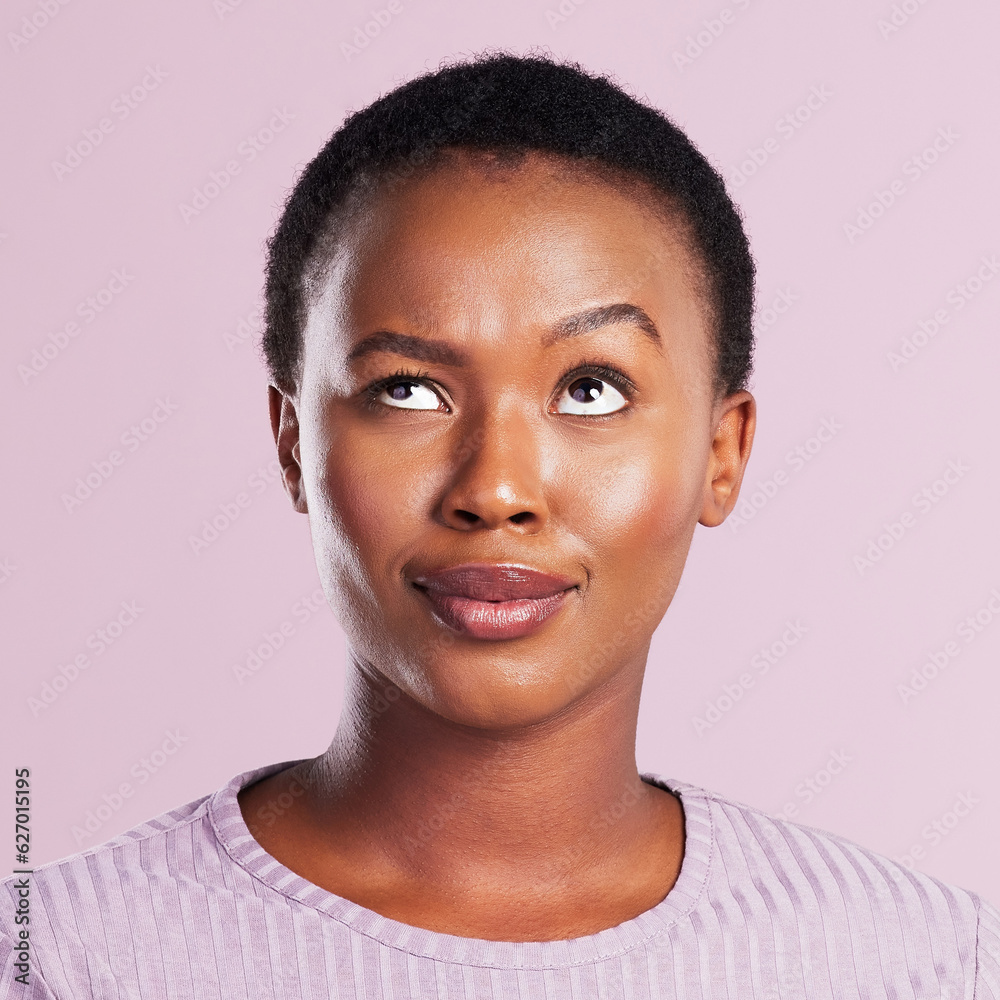 Woman, annoyed and face in pink studio background with skin in africa for emoji. Female person, sill