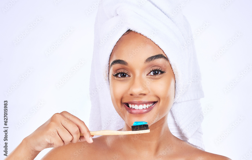 Toothbrush, dental care and portrait of a woman in a studio for a health and wellness routine. Smile