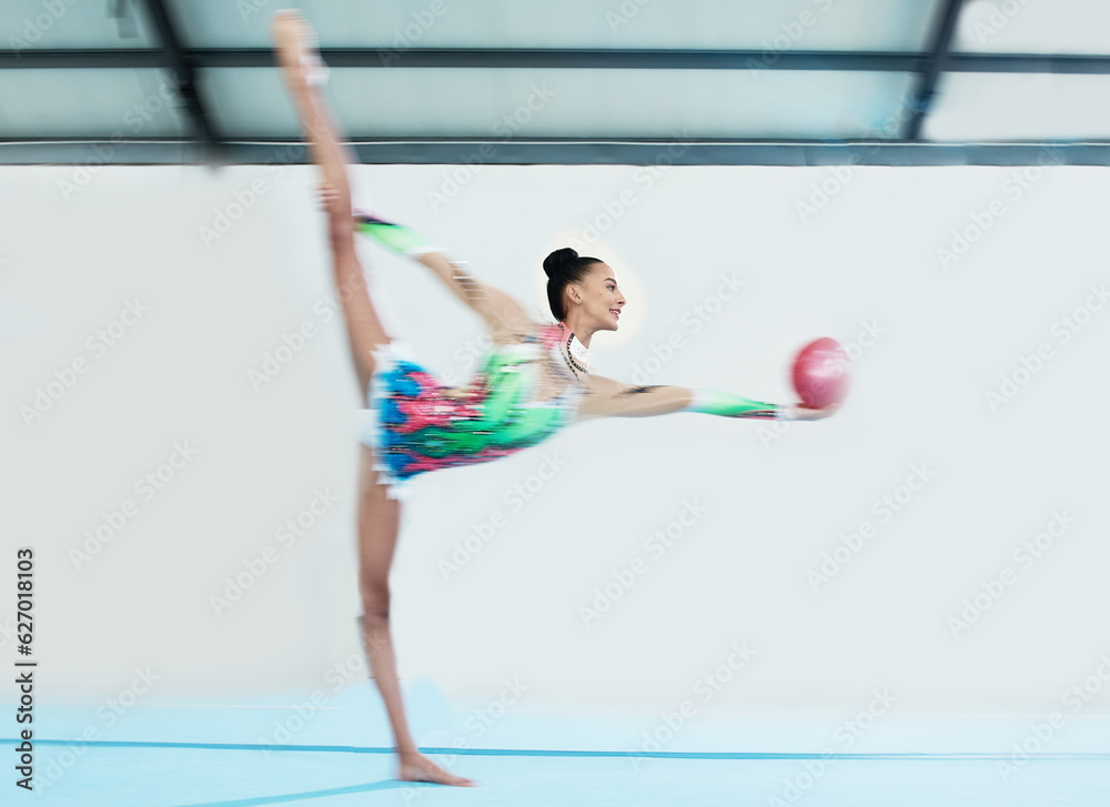 Gymnastics, performance and woman with ball, motion blur and exercise, train or mockup space. Sports